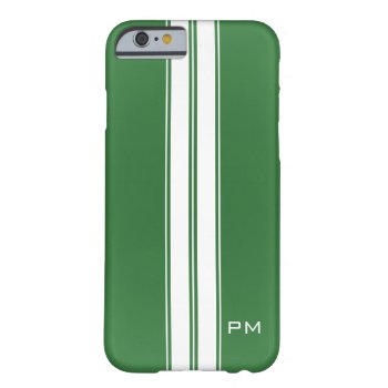 Mens Green White Racing Stripes Initials Barely There Iphone 6 Case by CustomizedCreationz at Zazzle