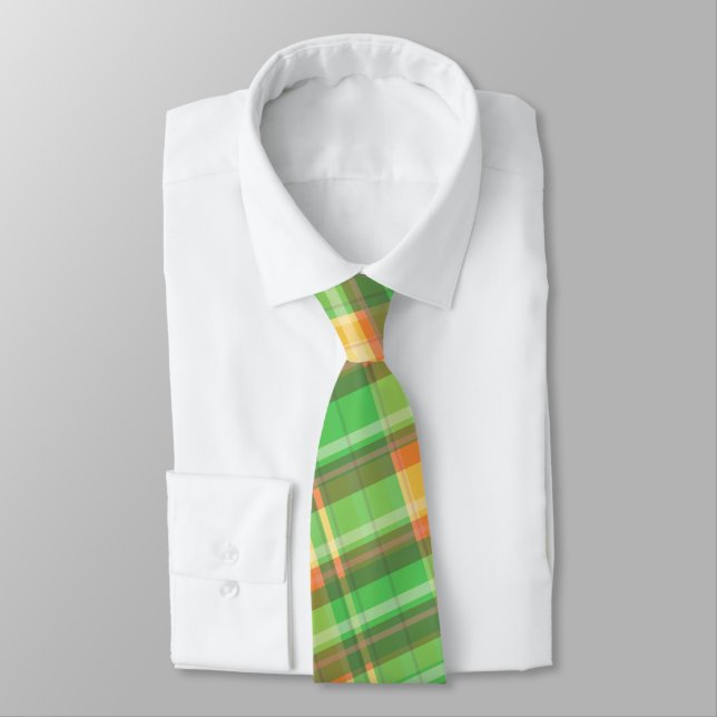 Men's green yellow orange plaid tie (Tied)