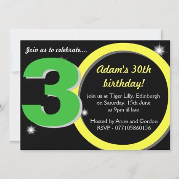 Mens Green / Yellow Thirtieth 30th Birthday Party Invitation by claire_shearer at Zazzle