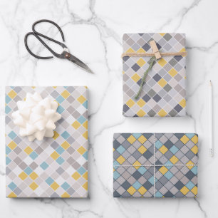 Men's Grey Gold Blue set of 3 Wrapping Pap Paper Sheets