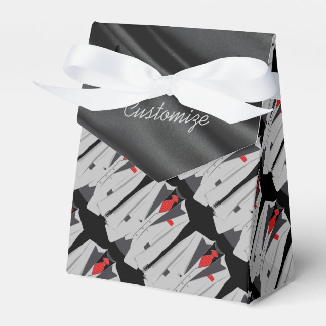 Men's Grey Suit and Red Tie Tent Favor Box (Front Side)
