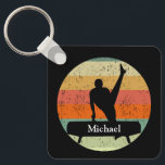 Mens Gymnastics Male Gymnast at Sunset Custom Keychain<br><div class="desc">Mens Gymnastics Boys Team Sunset keychain with your personalized text or name. Strong male gymnast on a pommel horse in front of a cool retro sunset image.</div>