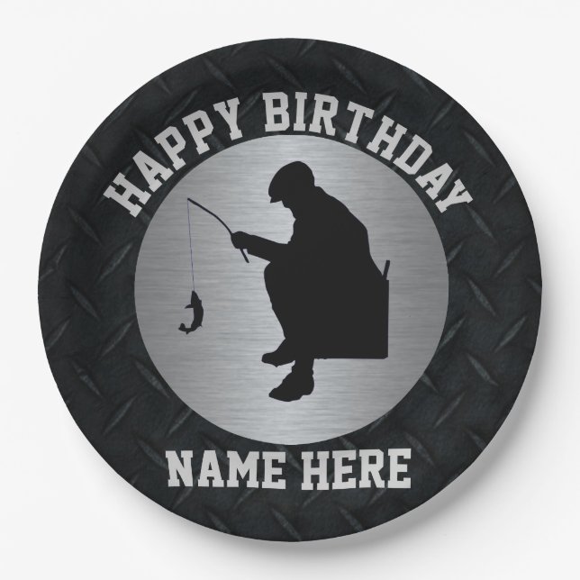 Men's Happy Birthday Ice Fishing Party Paper Plate (Front)