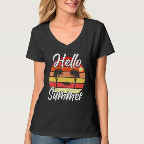 Mens Hello Summer _ Palm Trees Hammock Retro Sunse T_Shirt