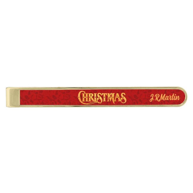 Mens Holiday Red Damask Golden Reindeer Gold Finish Tie Clip (Front)