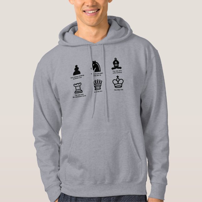 Men's hoodie grey/blue with humorous chess design (Front)