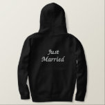 Men's Hoodie  Just Married<br><div class="desc">For the Groom shown is a black zip hoodie to relax in. White embroidered text on the front and back/Just Married. 
Customize this item or buy as is.</div>