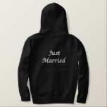 Men's Hoodie  Just Married<br><div class="desc">For the Groom shown is a black zip hoodie to relax in. White embroidered text on the front and back/Just Married. 
Customize this item or buy as is.</div>