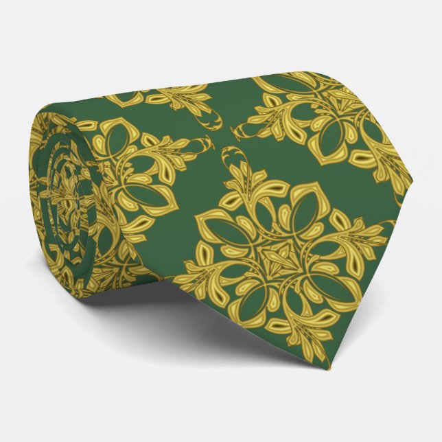Men's Hunter Green and Faux Gold Pattern Neck Tie (Rolled)