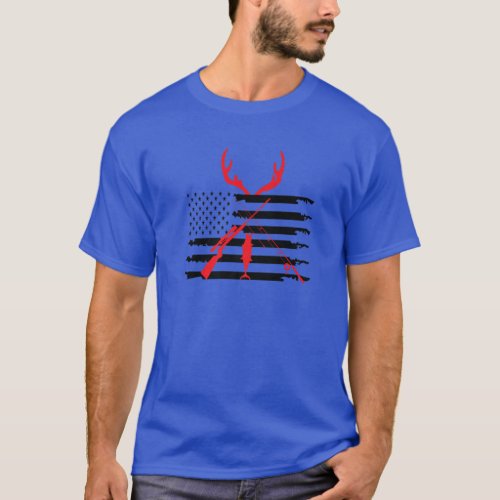 Mens Hunting And Fishing USA Flag American Themed T_Shirt