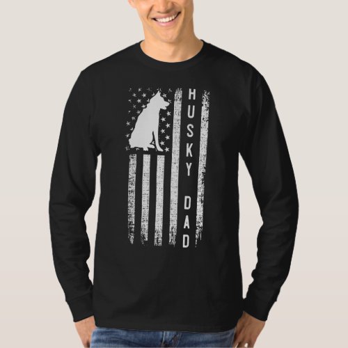Mens Husky Lover Siberian Husky Dad American Flag  T_Shirt