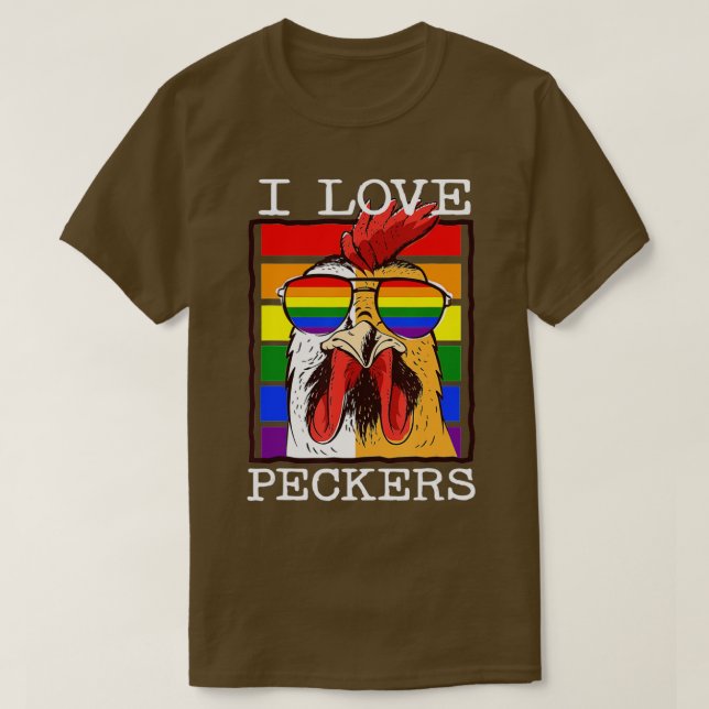 Mens I Love Peckers Rooster Gay LGBT Rainbow Chick T-Shirt (Design Front)