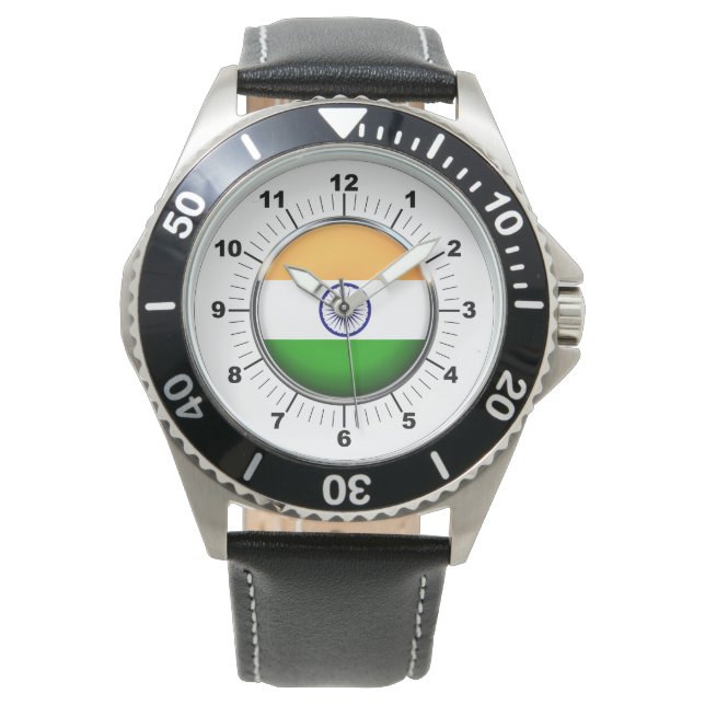 Men's India Flag Black Leather Strap Watch (Front)
