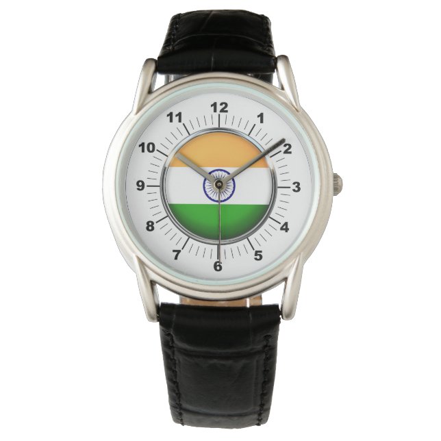 Men's India Flag Crown Black Leather Strap Watch (Front)