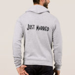 Mens Just Married Hoodie<br><div class="desc">This soft zip hoodie by Bella is for the groom to relax in,  shown in a Heather Grey color with a Just Married text on the back. 
Customize this item or buy as is.</div>
