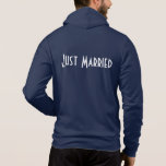 Mens Just Married Hoodie<br><div class="desc">This soft zip hoodie by Bella is for the groom to relax in,  shown in Navy with a Just Married text on the back. 
Customize this item or buy as is.</div>
