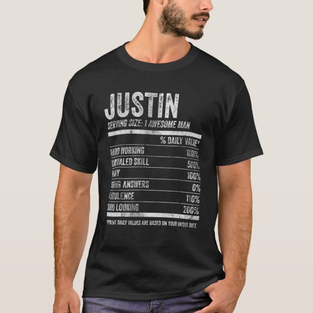 Mens Justin Nutrition Personalized Name Funny Name T-Shirt (Front)