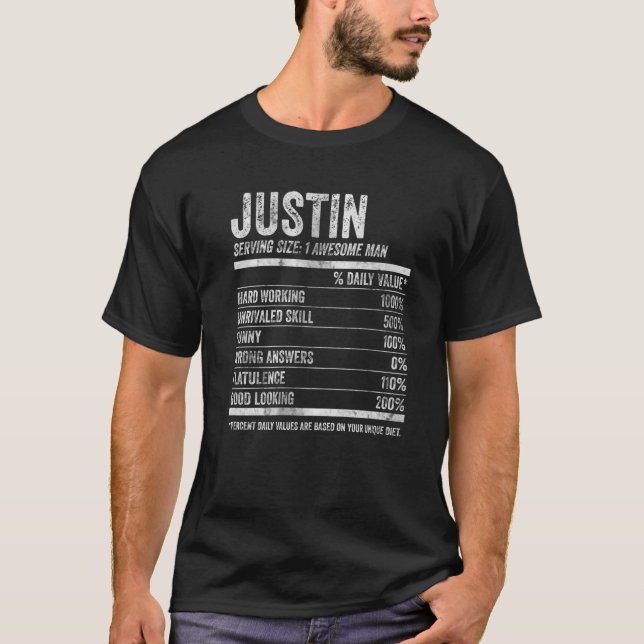 Mens Justin Nutrition Personalized Name Funny Name T-Shirt (Front)