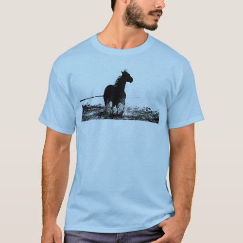 Mens Light Blue T Shirt Running Horse Front  Back