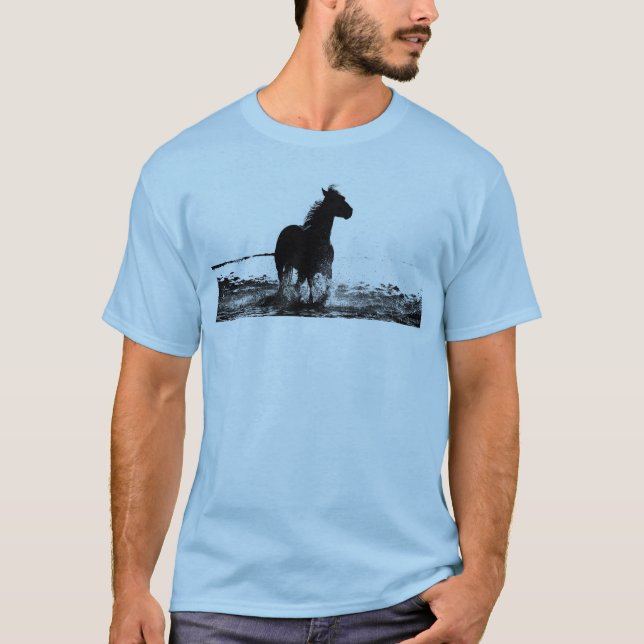 Mens Light Blue T Shirt Running Horse Front & Back (Front)