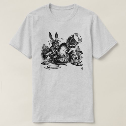 Mens Mad Hatter Dormouse in the Teapot BW T_Shirt