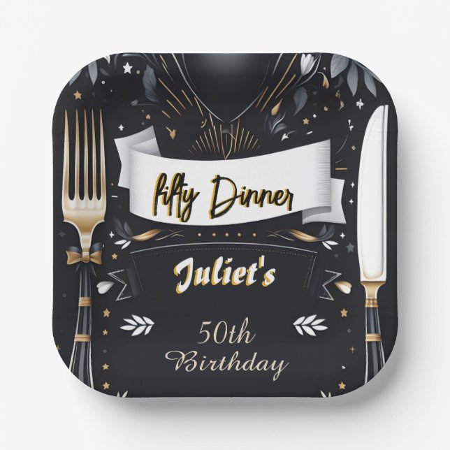 Mens Male adult dinner elegant 50th birthday Paper Plates (Front)