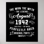 Mens Man Myth Legend August 1942 80th Birthday Poster<br><div class="desc">Mens Man Myth Legend August 1942 80th Birthday Gift 80 Years Old Gift. Perfect gift for your dad,  mom,  papa,  men,  women,  friend and family members on Thanksgiving Day,  Christmas Day,  Mothers Day,  Fathers Day,  4th of July,  1776 Independent day,  Veterans Day,  Halloween Day,  Patrick's Day</div>