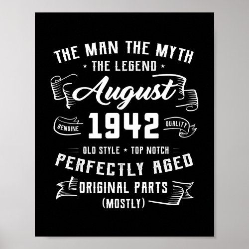 Mens Man Myth Legend August 1942 80th Birthday Poster