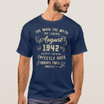 Mens Man Myth Legend August 1942 80th Birthday T-Shirt<br><div class="desc">Mens Man Myth Legend August 1942 80th Birthday Gift 80 Years Old Gift. Perfect gift for your dad,  mom,  papa,  men,  women,  friend and family members on Thanksgiving Day,  Christmas Day,  Mothers Day,  Fathers Day,  4th of July,  1776 Independent day,  Veterans Day,  Halloween Day,  Patrick's Day</div>