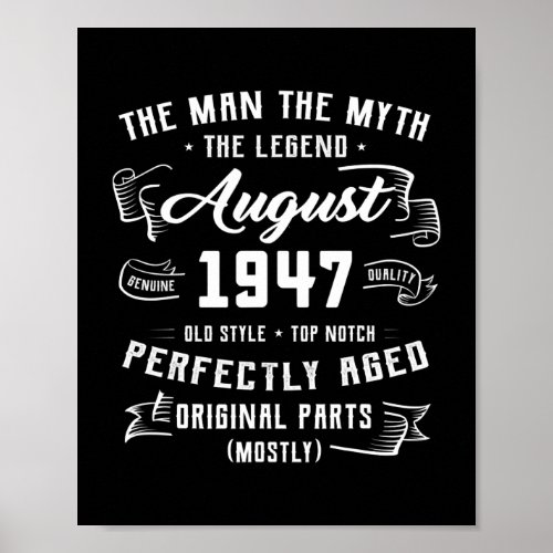 Mens Man Myth Legend August 1947 75th Birthday Poster