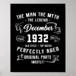 Mens Man Myth Legend December 1932 90th Birthday Poster<br><div class="desc">Mens Man Myth Legend December 1932 90th Birthday Gift 90 Years Gift. Perfect gift for your dad,  mom,  papa,  men,  women,  friend and family members on Thanksgiving Day,  Christmas Day,  Mothers Day,  Fathers Day,  4th of July,  1776 Independent day,  Veterans Day,  Halloween Day,  Patrick's Day</div>