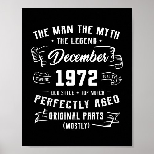 Mens Man Myth Legend December 1972 50th Birthday Poster