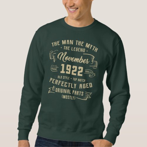 Mens Man Myth Legend November 1922 100th Birthday Sweatshirt