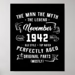 Mens Man Myth Legend November 1942 80th Birthday Poster<br><div class="desc">Mens Man Myth Legend November 1942 80th Birthday Gift 80 Years Gift. Perfect gift for your dad,  mom,  papa,  men,  women,  friend and family members on Thanksgiving Day,  Christmas Day,  Mothers Day,  Fathers Day,  4th of July,  1776 Independent day,  Veterans Day,  Halloween Day,  Patrick's Day</div>