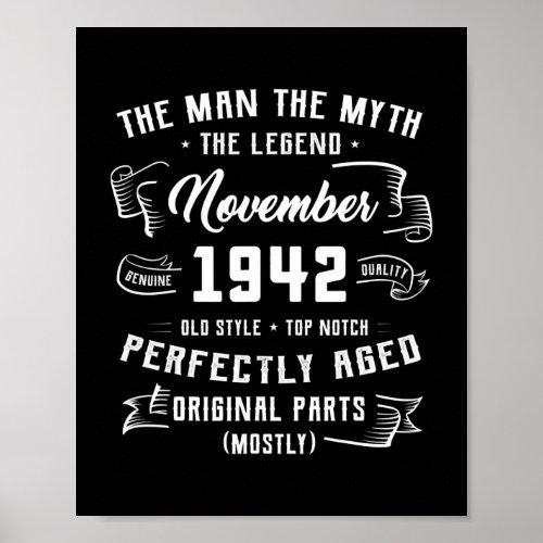 Mens Man Myth Legend November 1942 80th Birthday Poster