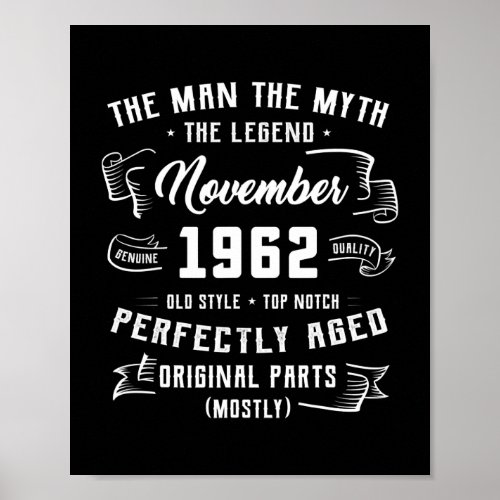 Mens Man Myth Legend November 1962 60th Birthday Poster