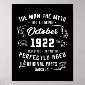 Mens Man Myth Legend October 1922 100th Birthday Poster