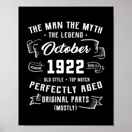 Mens Man Myth Legend October 1922 100th Birthday Poster