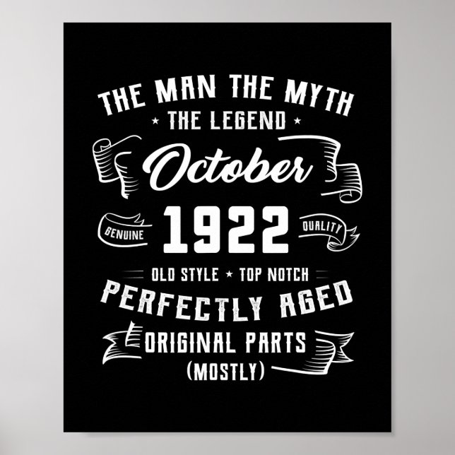 Mens Man Myth Legend October 1922 100th Birthday Poster (Front)
