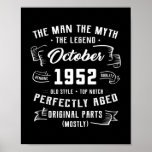 Mens Man Myth Legend October 1952 70th Birthday Poster<br><div class="desc">Mens Man Myth Legend October 1952 70th Birthday Gift 70 Years Gift. Perfect gift for your dad,  mom,  papa,  men,  women,  friend and family members on Thanksgiving Day,  Christmas Day,  Mothers Day,  Fathers Day,  4th of July,  1776 Independent day,  Veterans Day,  Halloween Day,  Patrick's Day</div>