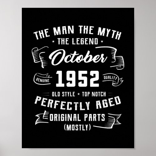 Mens Man Myth Legend October 1952 70th Birthday Poster