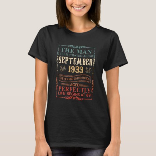Mens Man Myth Legend September 1933 89th Birthday  T_Shirt