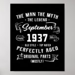 Mens Man Myth Legend September 1937 85th Birthday Poster<br><div class="desc">Mens Man Myth Legend September 1937 85th Birthday Gift 85 Years Gift. Perfect gift for your dad,  mom,  papa,  men,  women,  friend and family members on Thanksgiving Day,  Christmas Day,  Mothers Day,  Fathers Day,  4th of July,  1776 Independent day,  Veterans Day,  Halloween Day,  Patrick's Day</div>