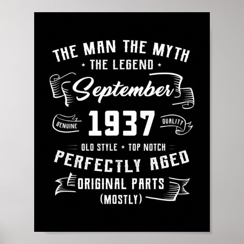 Mens Man Myth Legend September 1937 85th Birthday Poster