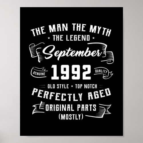 Mens Man Myth Legend September 1992 30th Birthday Poster