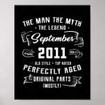 Mens Man Myth Legend September 2011 11th Birthday Poster<br><div class="desc">Mens Man Myth Legend September 2011 11th Birthday Gift 11 Years Gift. Perfect gift for your dad,  mom,  papa,  men,  women,  friend and family members on Thanksgiving Day,  Christmas Day,  Mothers Day,  Fathers Day,  4th of July,  1776 Independent day,  Veterans Day,  Halloween Day,  Patrick's Day</div>
