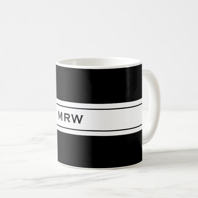Mens Masculine Simple Black White Custom Monogram Coffee Mug (Front Right)