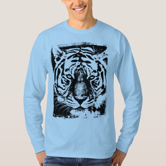 Mens Modern Long Sleeve Tiger Face Light Blue T-Shirt (Front)