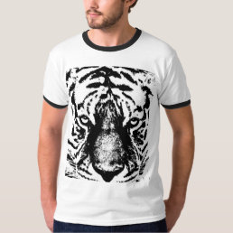 Mens Modern Ringer Black &amp; White Tiger Face T-Shirt