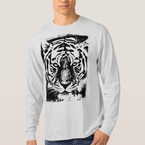 Mens Modern Template Long Sleeve Ash Grey Tiger T_Shirt